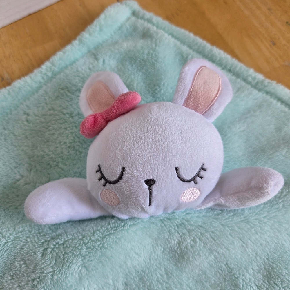 Chick Pea Mint Green White Bunny Rabbit Pink Bow Lovey Security Blanket 13 inch - Picture 3 of 11